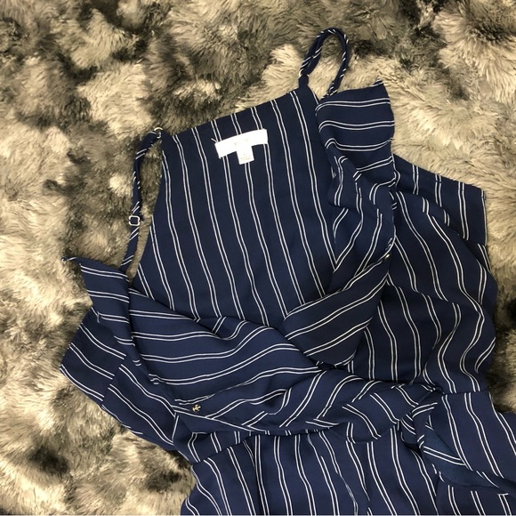 NAVY BLUE WHITE STRIPES SPAGHETTI STRAP WRAPPED BUSINESS CASUAL RUFFLE DRESS - Picture 8 of 11